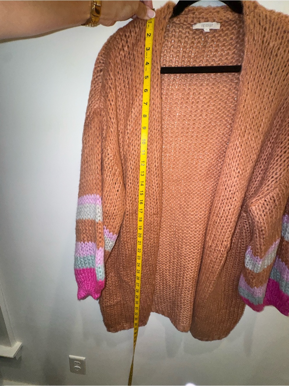 Open-Front Rust Cardigan with Pink Stripe Sleeve Accents - Picture 5 of 9